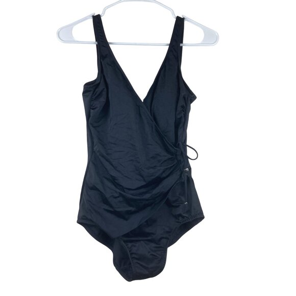 MIRACLESUIT Womens Sz 12 Black Slimming Wrap Front With Tie One Piece Swimsuit - Picture 1 of 6